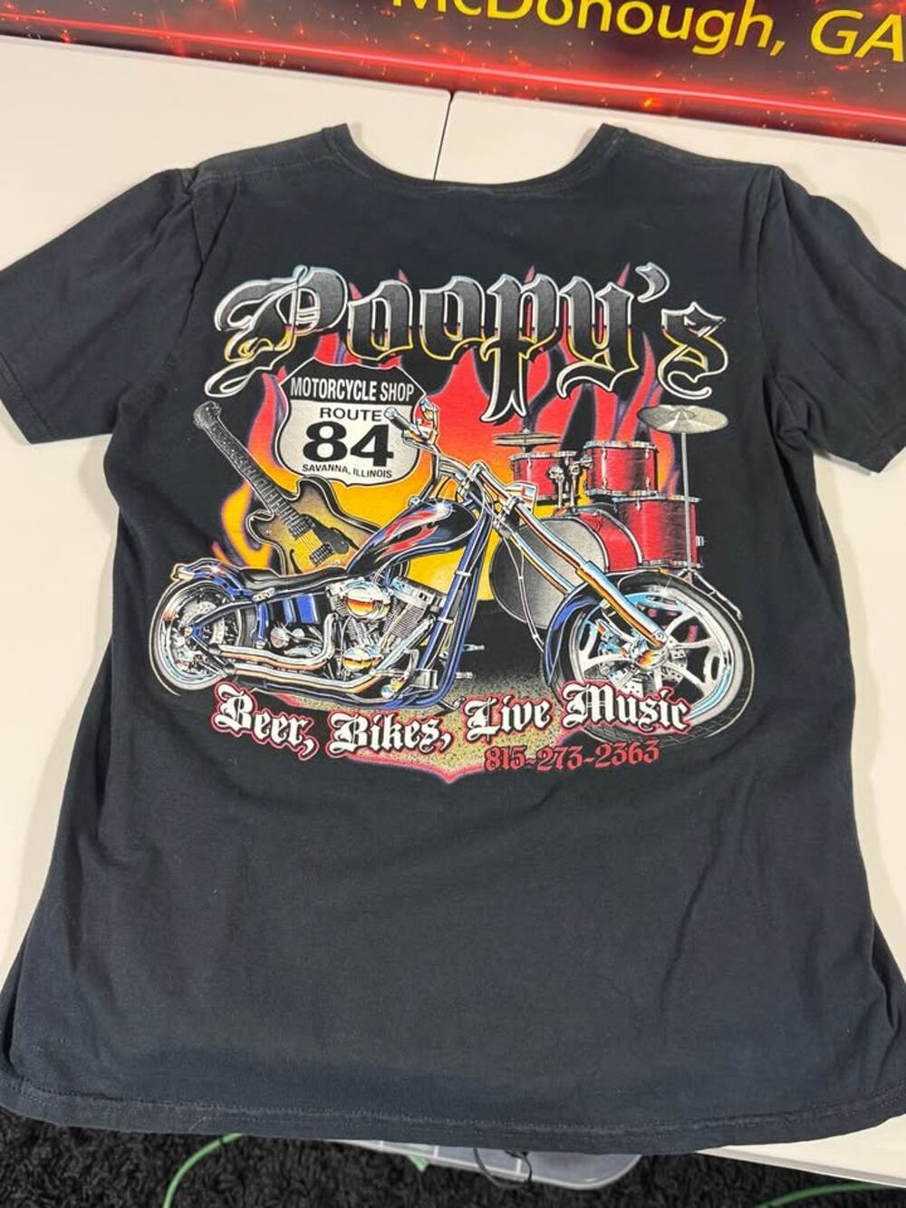Poopy's Route 84 Motorcycle Shop Shirt Men's M Savanna IL Biker Harley Davidson
